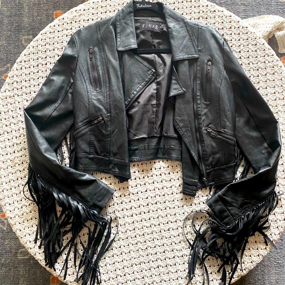 Black Faux Leather Jacket with Fringe Size Small